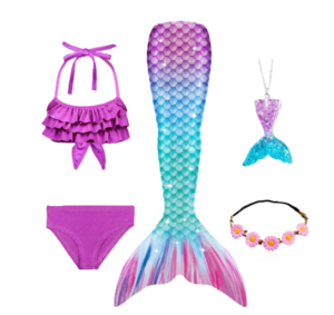 Set de traje de sirena para niña de 5 piezas con cola, top, panty, collar y cintillo