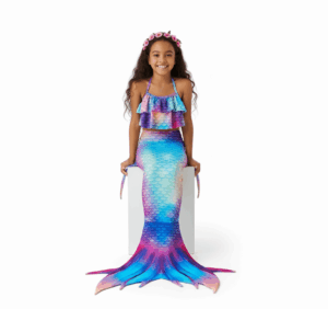 Modelo infantil usando traje de sirena multicolor para piscina y playa
