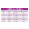 Tabla de tallas del traje de sirena para niñas según estatura, cintura y largo de la cola